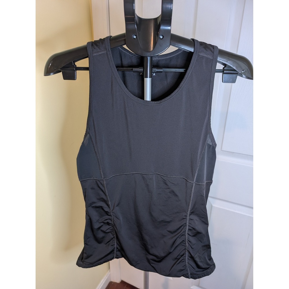 Athleta Stealth Sculptek Tank Top Womens M Black Ruched Mesh Panel Workout Shirt